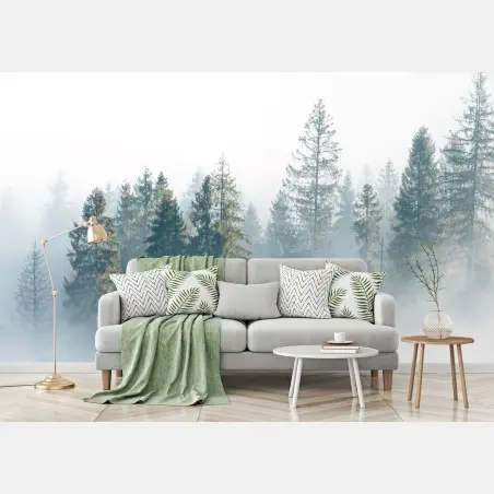 Wall mural misty spruce forest at dawn • Wallissimo®
