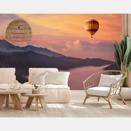 Wall mural sunrise balloon over misty mountains • Wallissimo®