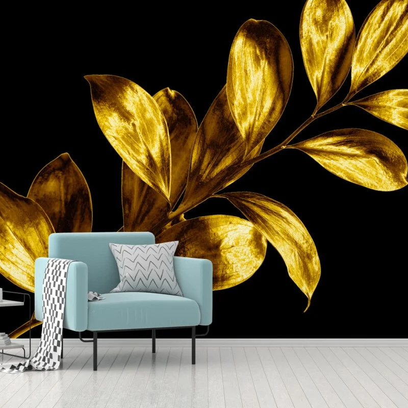 Wall mural golden leaf branch on black