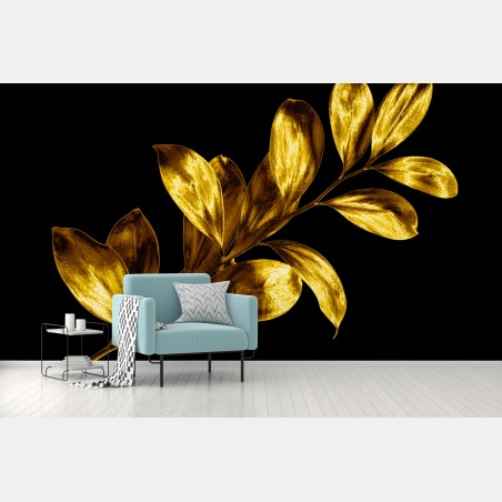 Wall mural golden leaf branch on black • Wallissimo®