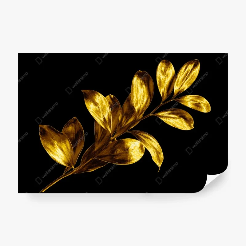 Wall mural golden leaf branch on black