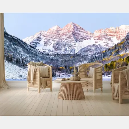 Wall mural snowy alpine sunrise over mountain lake • Wallissimo®