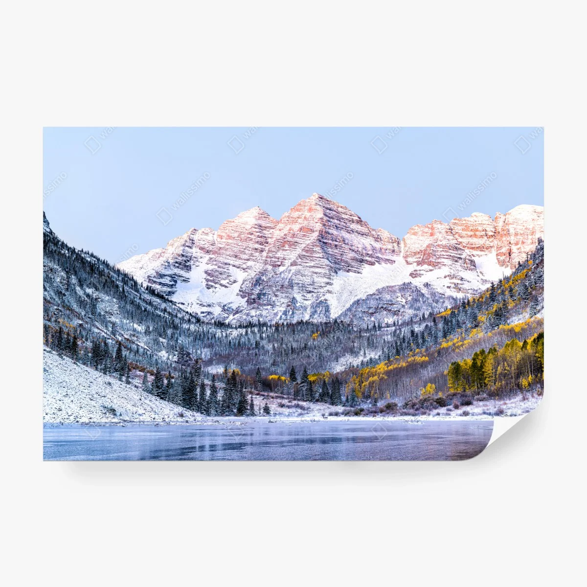 Wall mural snowy alpine sunrise over mountain lake ⁕ Wallissimo®