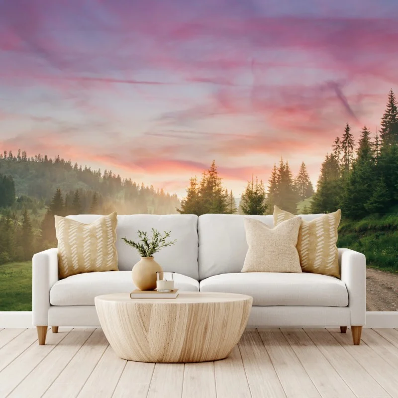 Wall mural misty sunset in the pine forest