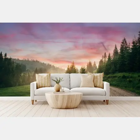 Wall mural misty sunset in the pine forest • Wallissimo®