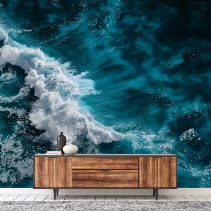 Wall mural aerial turquoise ocean waves in Bali