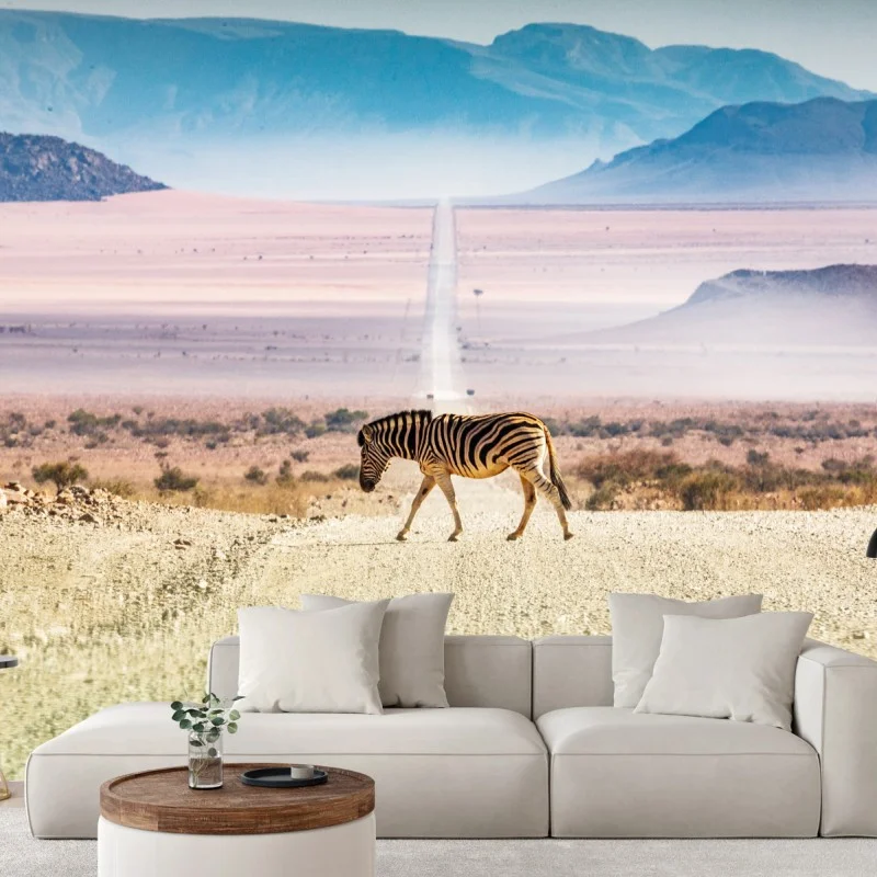 Wall mural zebra crossing the desert road