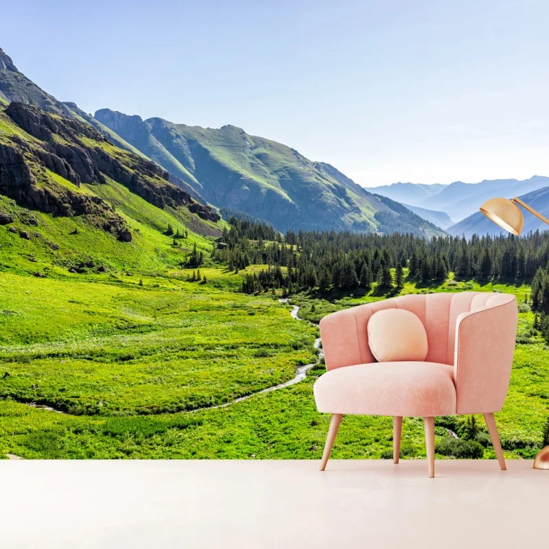 Wall mural serene alpine valley landscape ⁕ Wallissimo® Wall mural serene alpine valley landscape ⁕ Wallissimo®