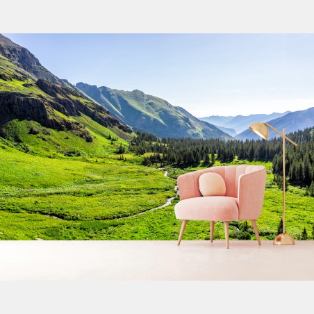 Wall mural serene alpine valley landscape • Wallissimo®
