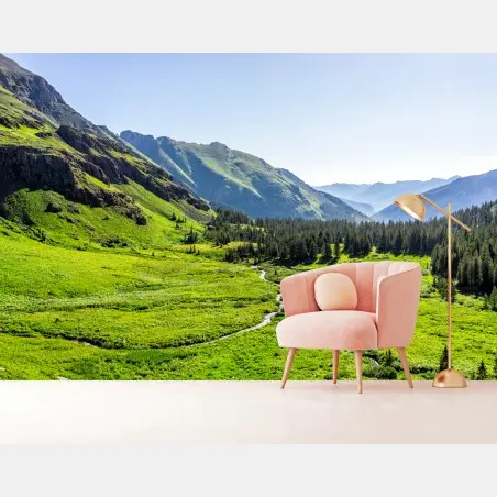 Wall mural serene alpine valley landscape • Wallissimo®