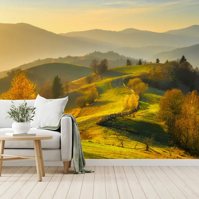 Wall mural golden autumn hills at sunset