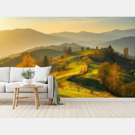 Wall mural golden autumn hills at sunset • Wallissimo®