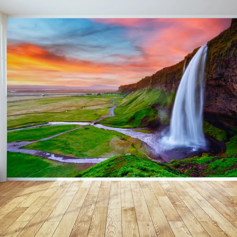Wall mural Seljalandsfoss waterfall at sunset