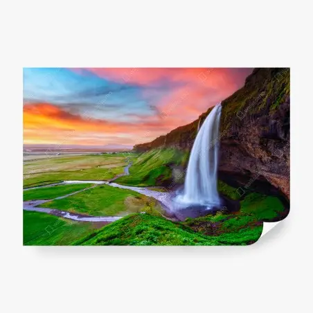 Wall mural Seljalandsfoss waterfall at sunset • Wallissimo®