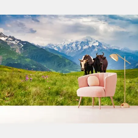Wall mural alpine meadow with grazing cows • Wallissimo®