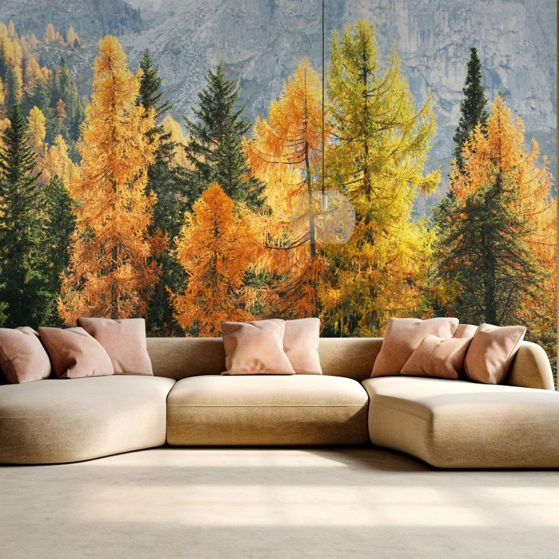Wall mural golden autumn larch forest