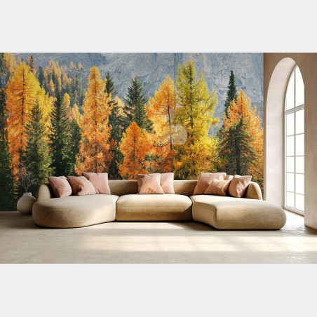 Wall mural golden autumn larch forest • Wallissimo®