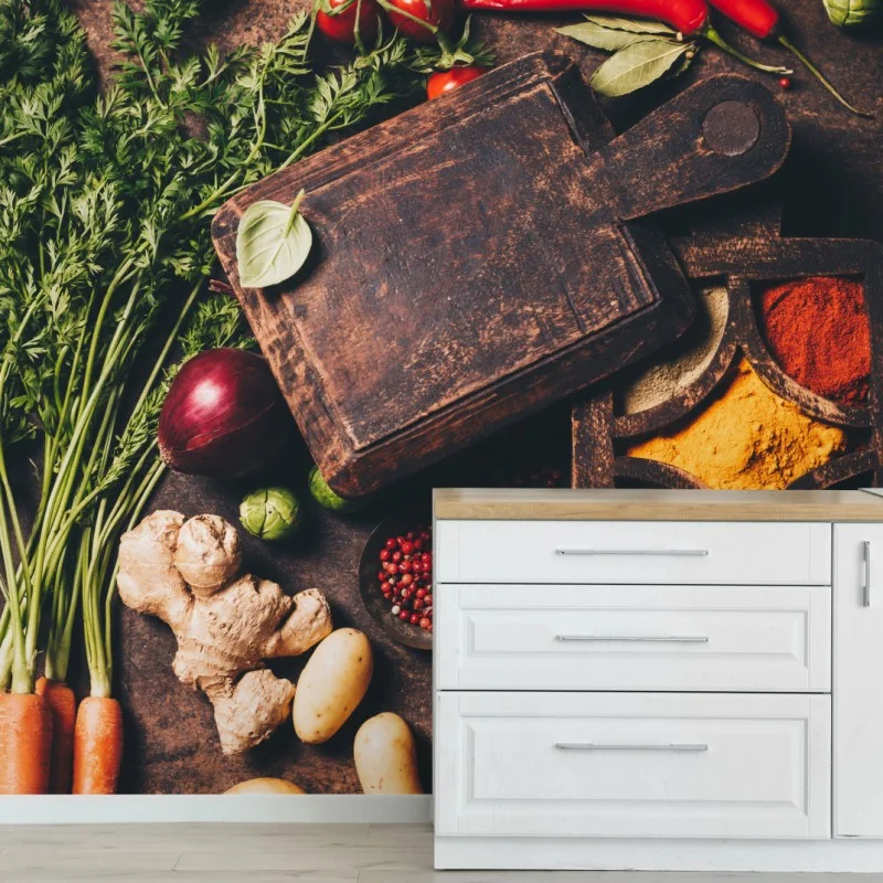 Wall mural rustic spices and fresh vegetables flatlay