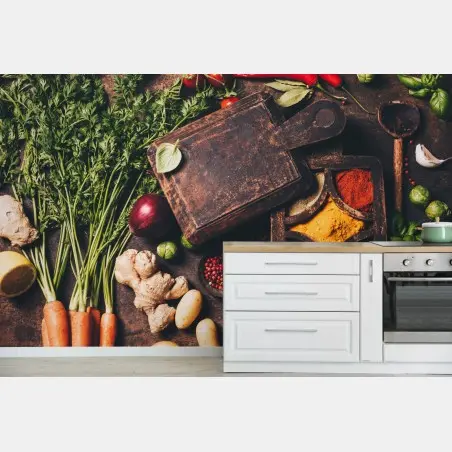 Wall mural rustic spices and fresh vegetables flatlay • Wallissimo®