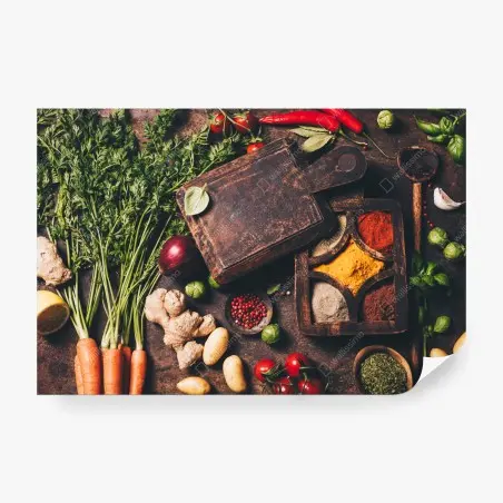 Wall mural rustic spices and fresh vegetables flatlay • Wallissimo®