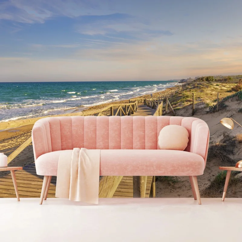 Wall mural wooden boardwalk to Guardamar beach