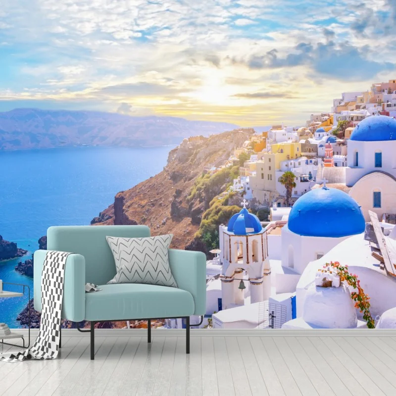 Wall mural sunlit Oia village on Santorini caldera