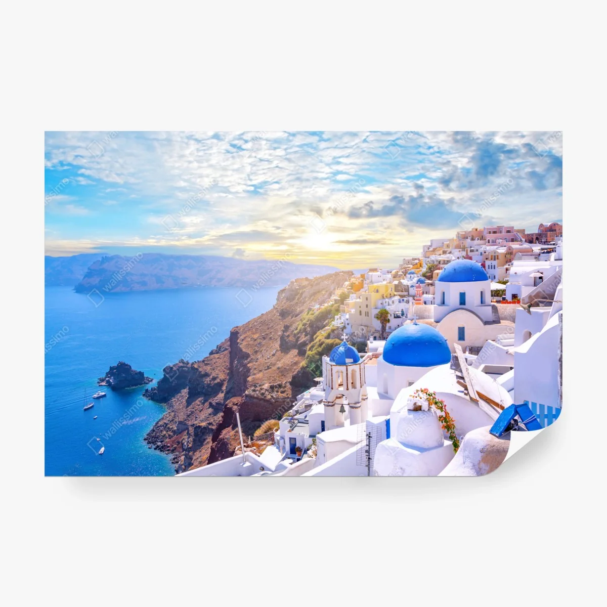 Wall mural sunlit Oia village on Santorini caldera ⁕ Wallissimo®