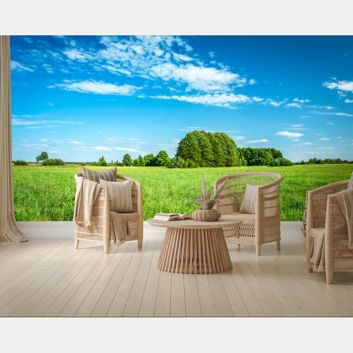Wall mural sunlit green meadow under a blue sky • Wallissimo®