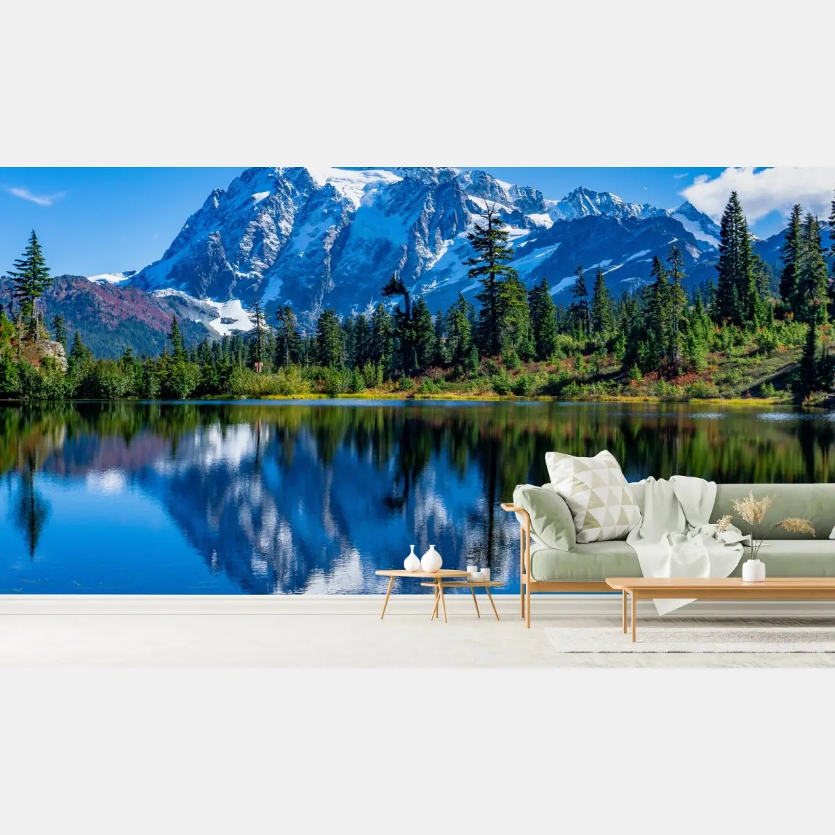 Wall mural majestic mountain reflection over alpine lake • Wallissimo®