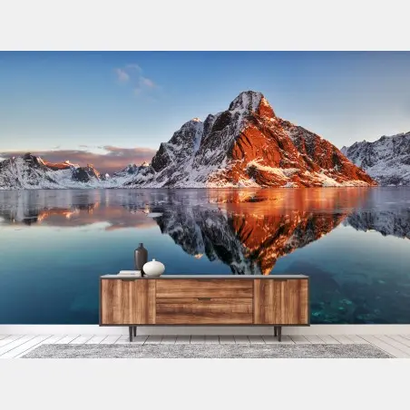Wall mural Lofoten sunrise mountain reflection • Wallissimo®