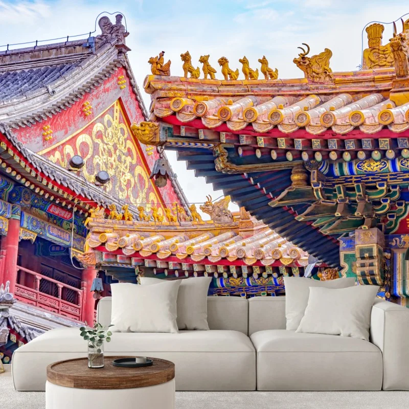 Wall mural ornate roof decorations of Lama Temple, Beijing