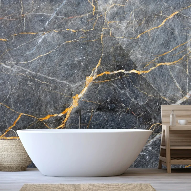 Wall mural dark gray marble with gold veins
