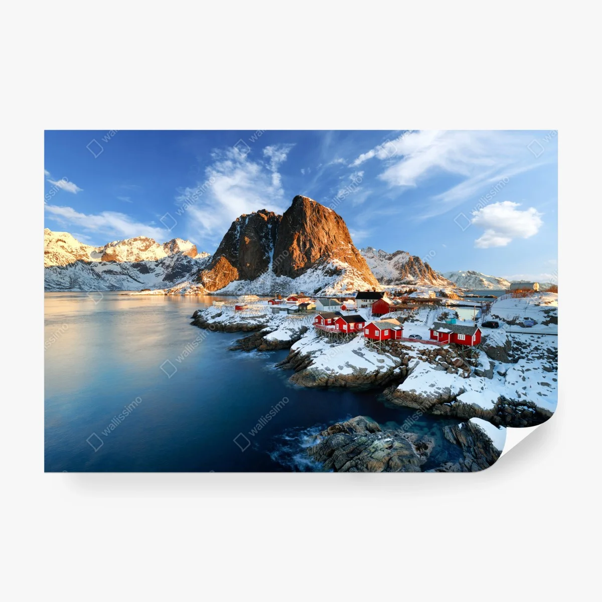 Wall mural sunlit Hamnøy village by the fjord ⁕ Wallissimo®