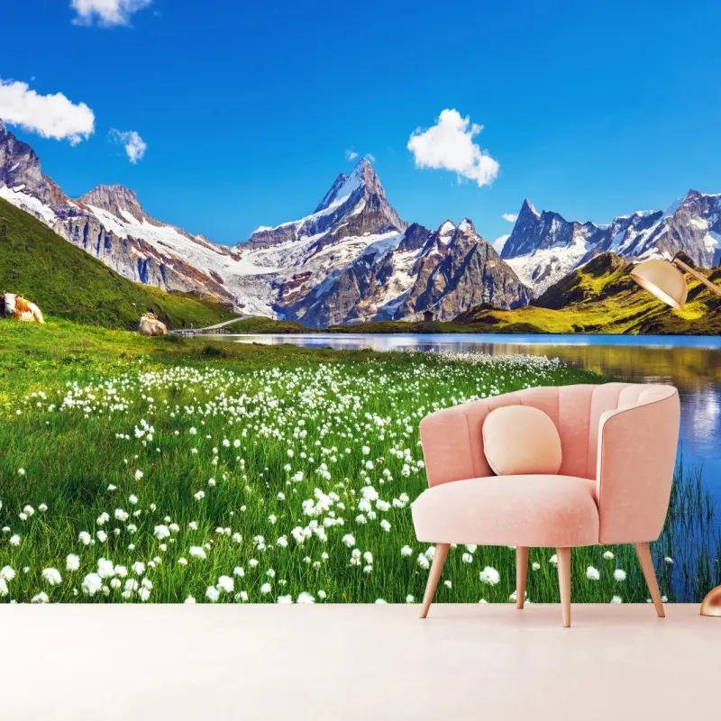 Wall mural alpine mountain lake with wildflower meadow