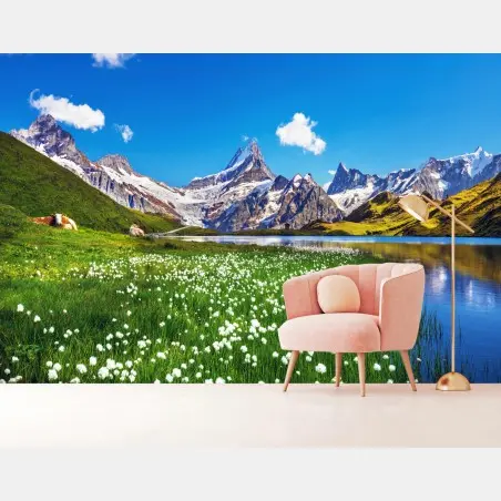 Wall mural alpine mountain lake with wildflower meadow • Wallissimo®
