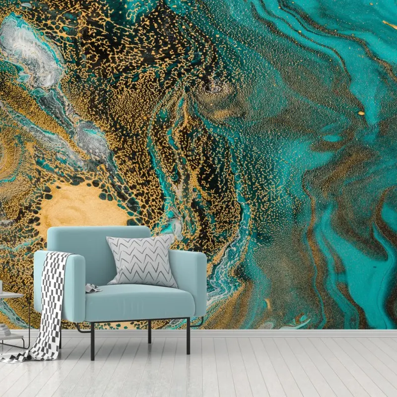 Wall mural turquoise and gold fluid swirl
