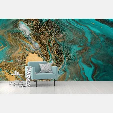 Wall mural turquoise and gold fluid swirl • Wallissimo®