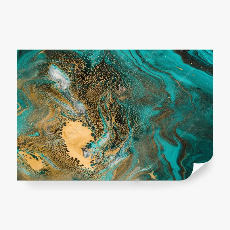 Wall mural turquoise and gold fluid swirl