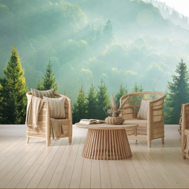 Wall mural misty spruce treetops at sunrise