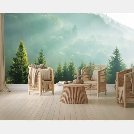 Wall mural misty spruce treetops at sunrise • Wallissimo®