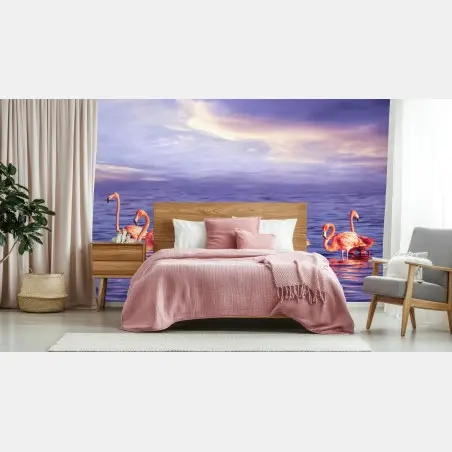 Wall mural pink flamingos in purple sunset • Wallissimo®