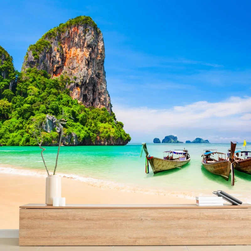 Wall mural tropical beach with longtail boats in Thailand