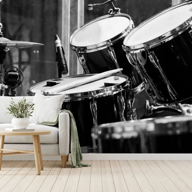 Wall mural black and white drum kit close-up