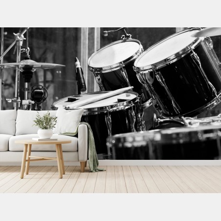 Wall mural black and white drum kit close-up • Wallissimo®