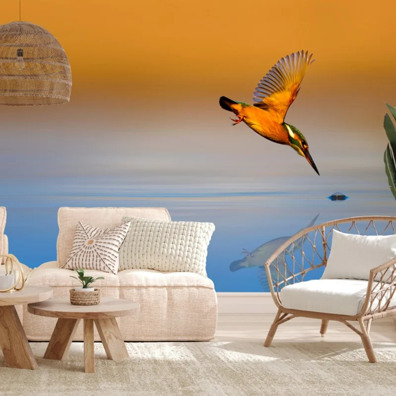 Wall mural kingfisher diving over reflective water