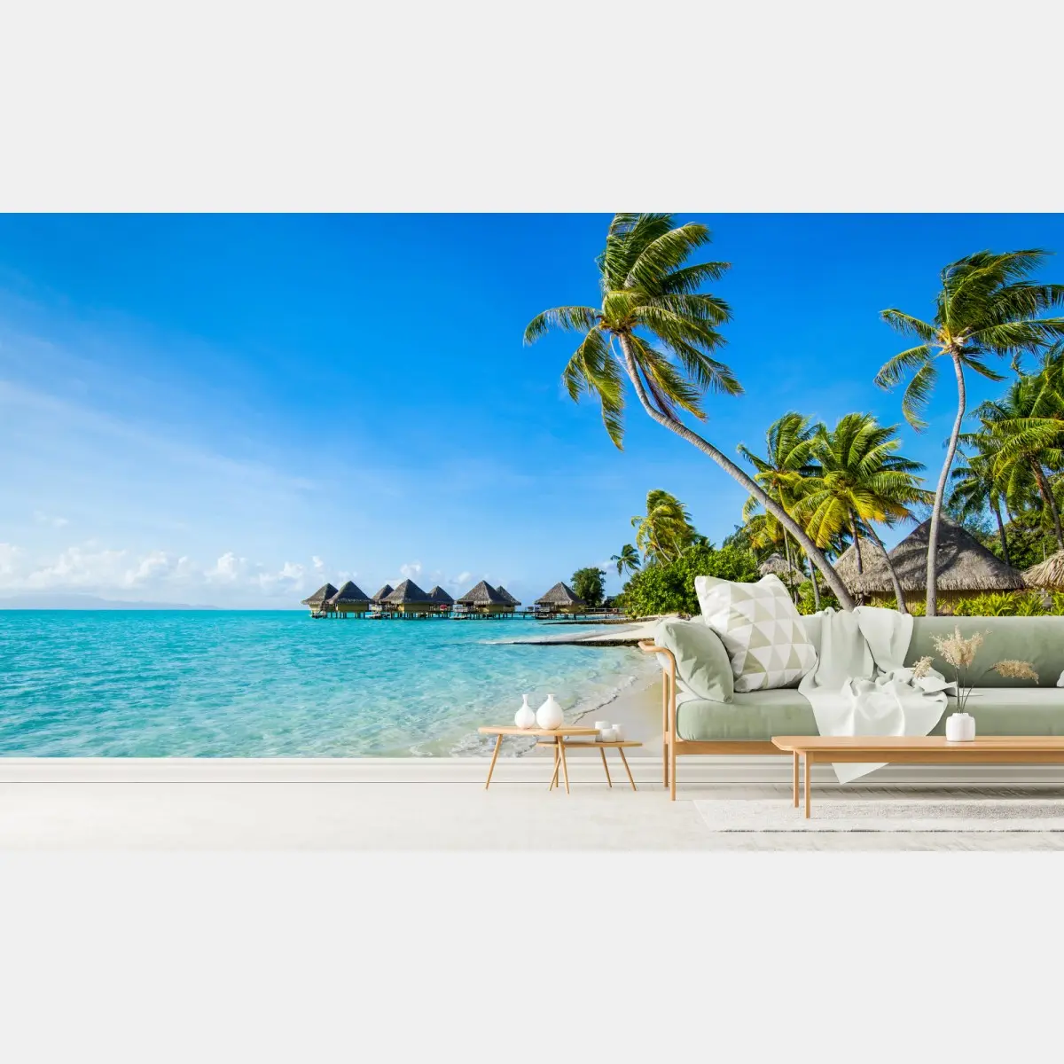 Wall mural tropical turquoise beach with palm trees • Wallissimo®