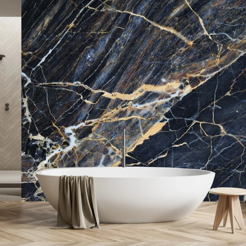 Wall mural dark marble with gold and cream veins