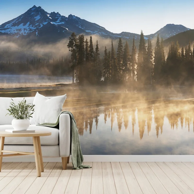 Wall mural misty mountain sunrise reflection