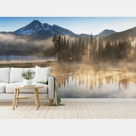 Wall mural misty mountain sunrise reflection • Wallissimo®