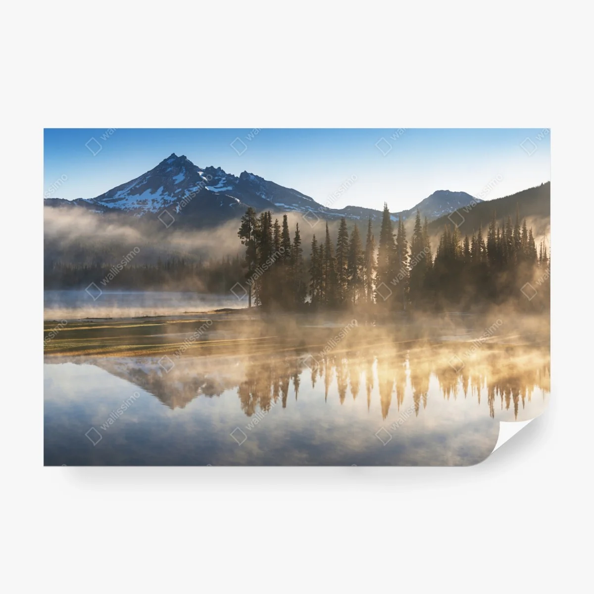 Wall mural misty mountain sunrise reflection • Wallissimo® Wall mural misty mountain sunrise reflection • Wallissimo®
